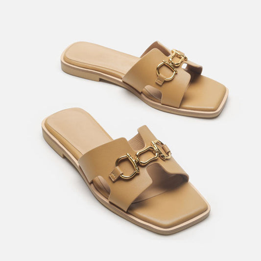 Outdoor women casual flip flop belt buckle casual- light brown