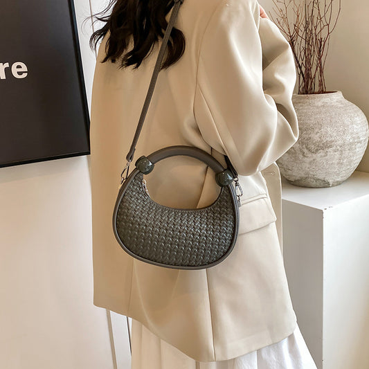 Textured woven trendy retro shoulder bag-dark green/ Grey