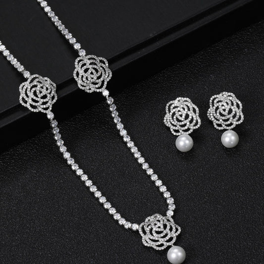 White Zirconia Camelia Faux Pearl Bridal Jewelry Set [SJP Design]