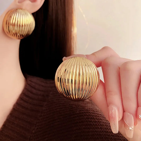 Gold stainless steel stripe bold stud earrings-SJP Design