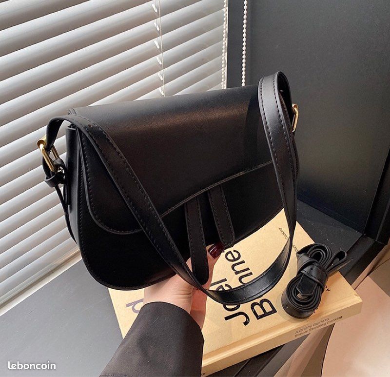 F&S Crossbody Flap Shoulder PU Leather Black Saddle Bag