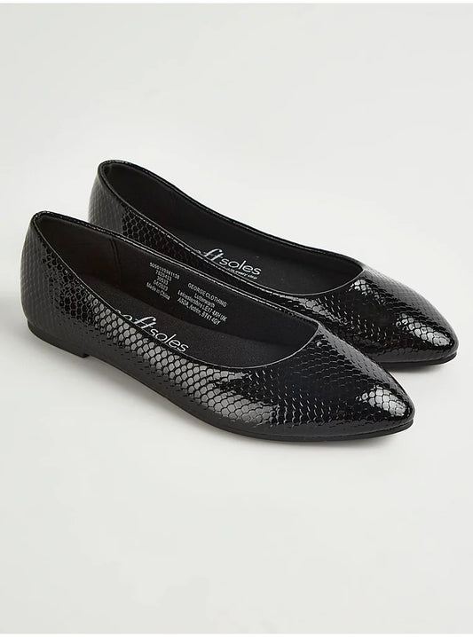 George Black Crocodile Skin Pointed Ballet Shoes
