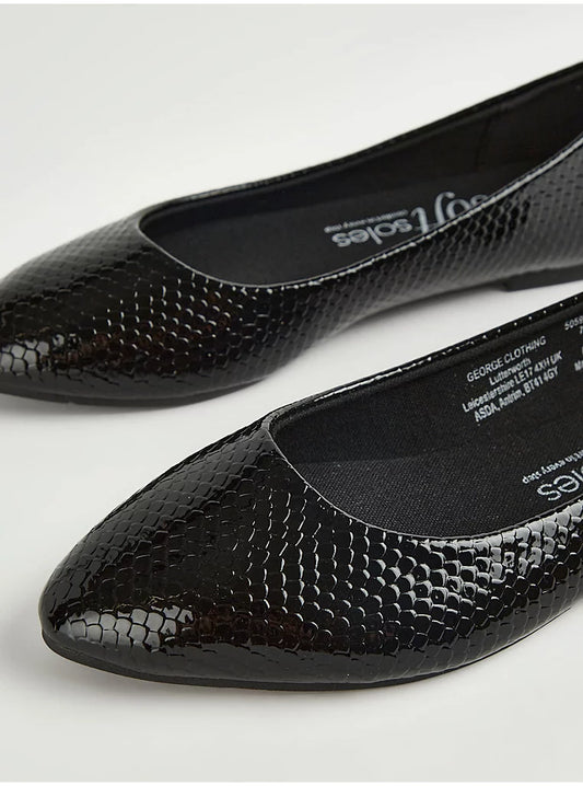 George Black Crocodile Skin Pointed Ballet Shoes