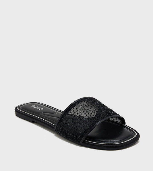 R&B Embellished Flat Sandals - Black