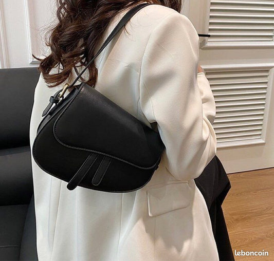 F&S Crossbody Flap Shoulder PU Leather Black Saddle Bag