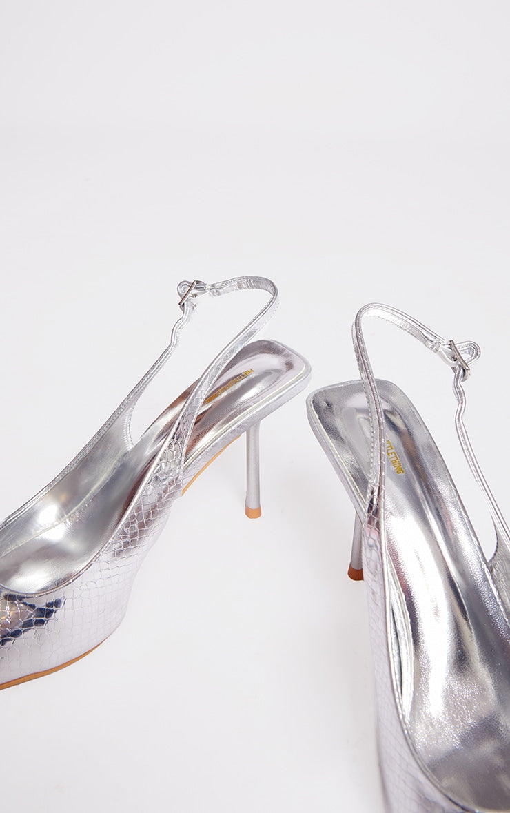 Prettylittlething Silver PU Point Toe Snake Sling Back Mid Heeled