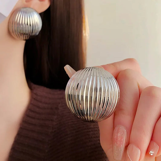 Silver stainless steel stripe bold stud earrings-SJP Design