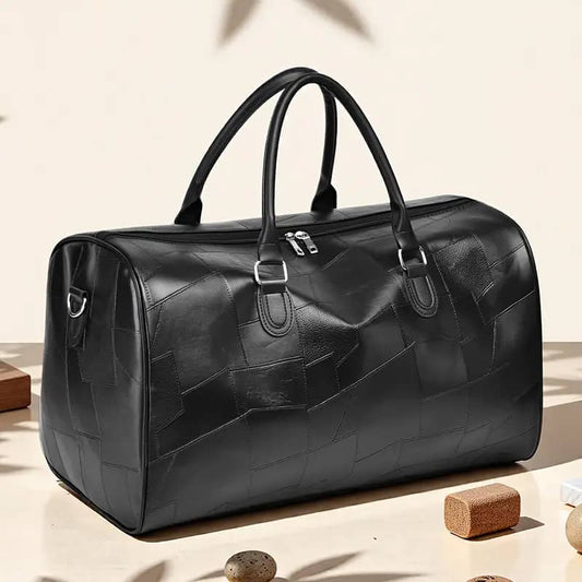 F&S Black Leather Duffle Bag with gold buckle design