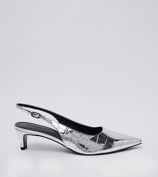 Charles & Keith Croc Textured Pointed Toe Kitten Heel Slingback Pumps