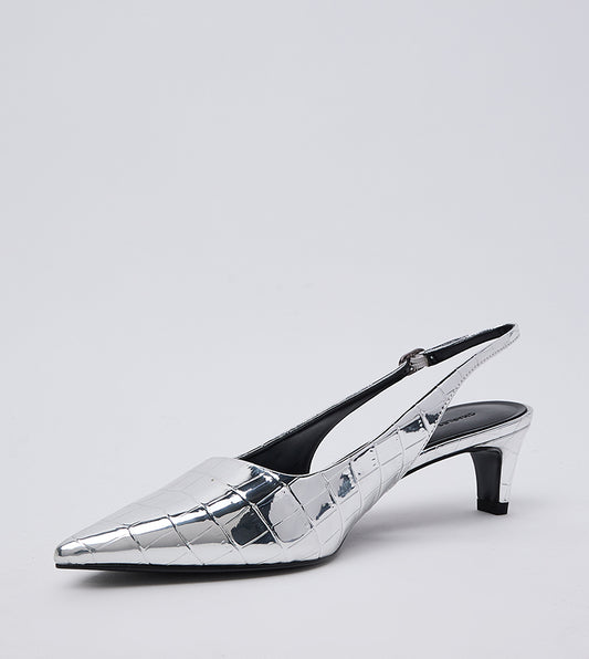 Charles & Keith Croc Textured Pointed Toe Kitten Heel Slingback Pumps