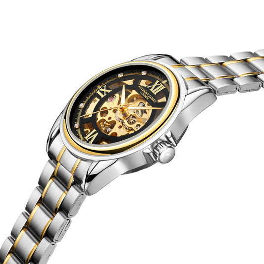 Anthony James Limited Edition Skeleton Automatic Two Tone Gold & Steel Mens Watch