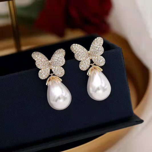 Cute Butterfly Design Rhinestone Pearl Drop Earring SJP