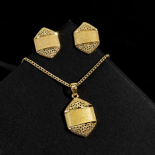 Elevated geometric grid gold necklace set-SJP Design