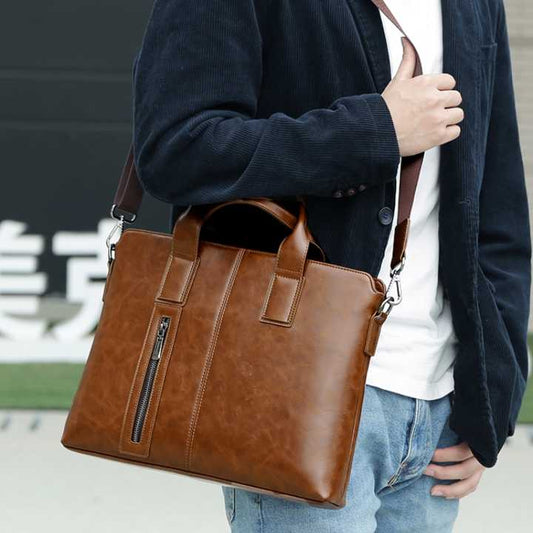 New Men design business briefcase computer leather crossbody bag- dark brown
