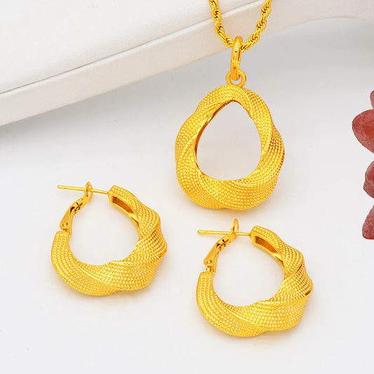 24K Gold Plated Two Pieces Copper Jewelry Set India Dubai Jewelry Sand Gold Twisted Geometric Necklace Set SJP