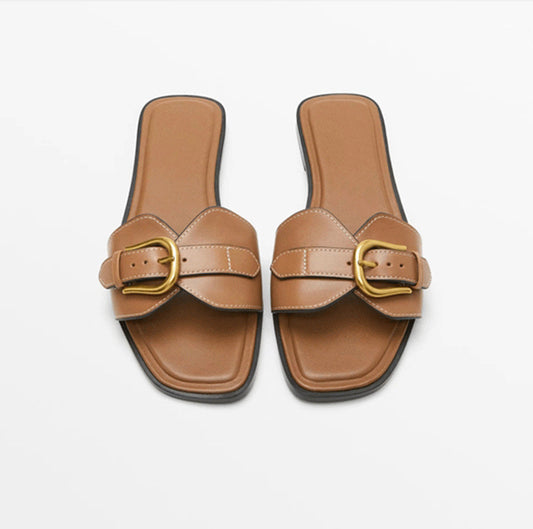 Outdoor soft sole retro horsebit buckle half slippers