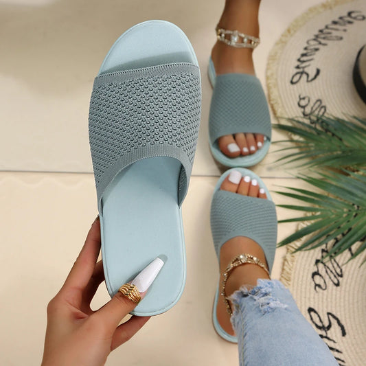 Knitted thick sole flat slippers-grey