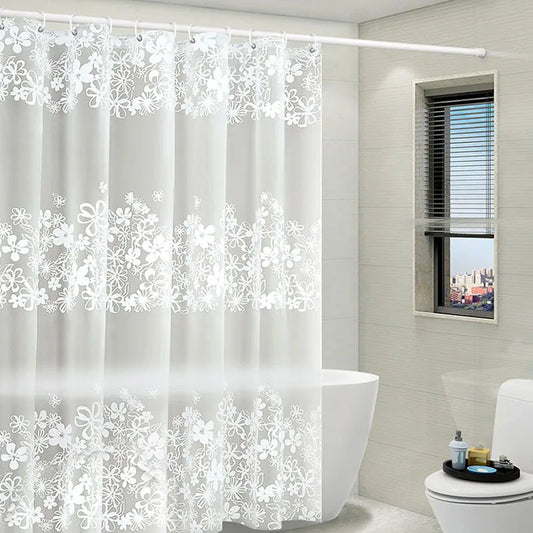 Flower Print Shower Curtain With 12pcs Hook, White Modern Shower Curtain For Bathroom