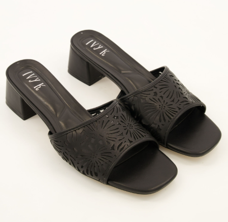 Ivy K Black Laser Cut Heeled Mules