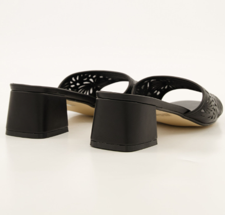 Ivy K Black Laser Cut Heeled Mules