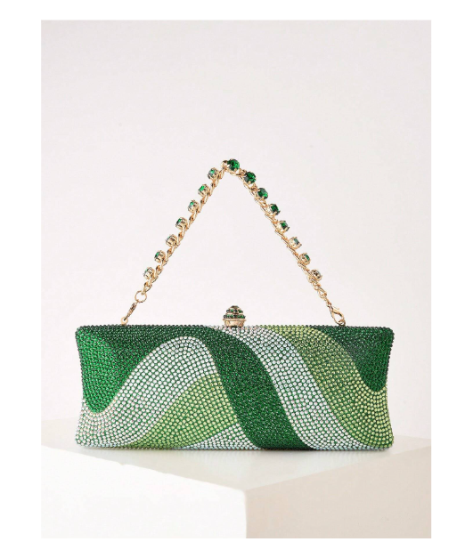 Shein Long Form Glitter Bling, Shiny Glamorous, Elegant, Exquisite Rhinestone Decor Box Bag Glamorous Clutch Handbag - Green