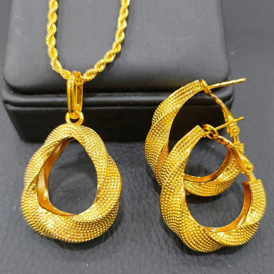24K Gold Plated Two Pieces Copper Jewelry Set India Dubai Jewelry Sand Gold Twisted Geometric Necklace Set SJP