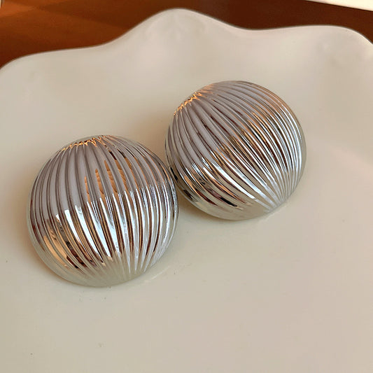 Silver stainless steel stripe bold stud earrings-SJP Design