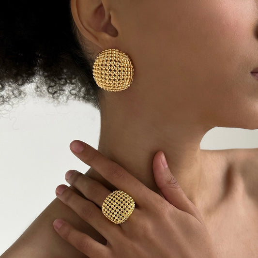 Stainless Steel Textured Earrings and Ring Jewelry Set [SJP Design]- Ring size is 9/10