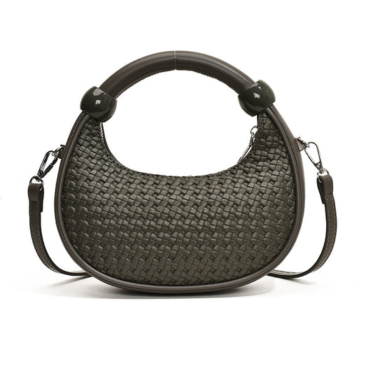 Textured woven trendy retro shoulder bag-dark green/ Grey