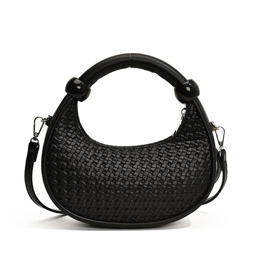 Textured woven trendy retro shoulder bag-black