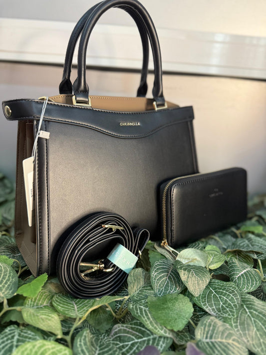 Chrisbella Black with cream design crossbody handbag