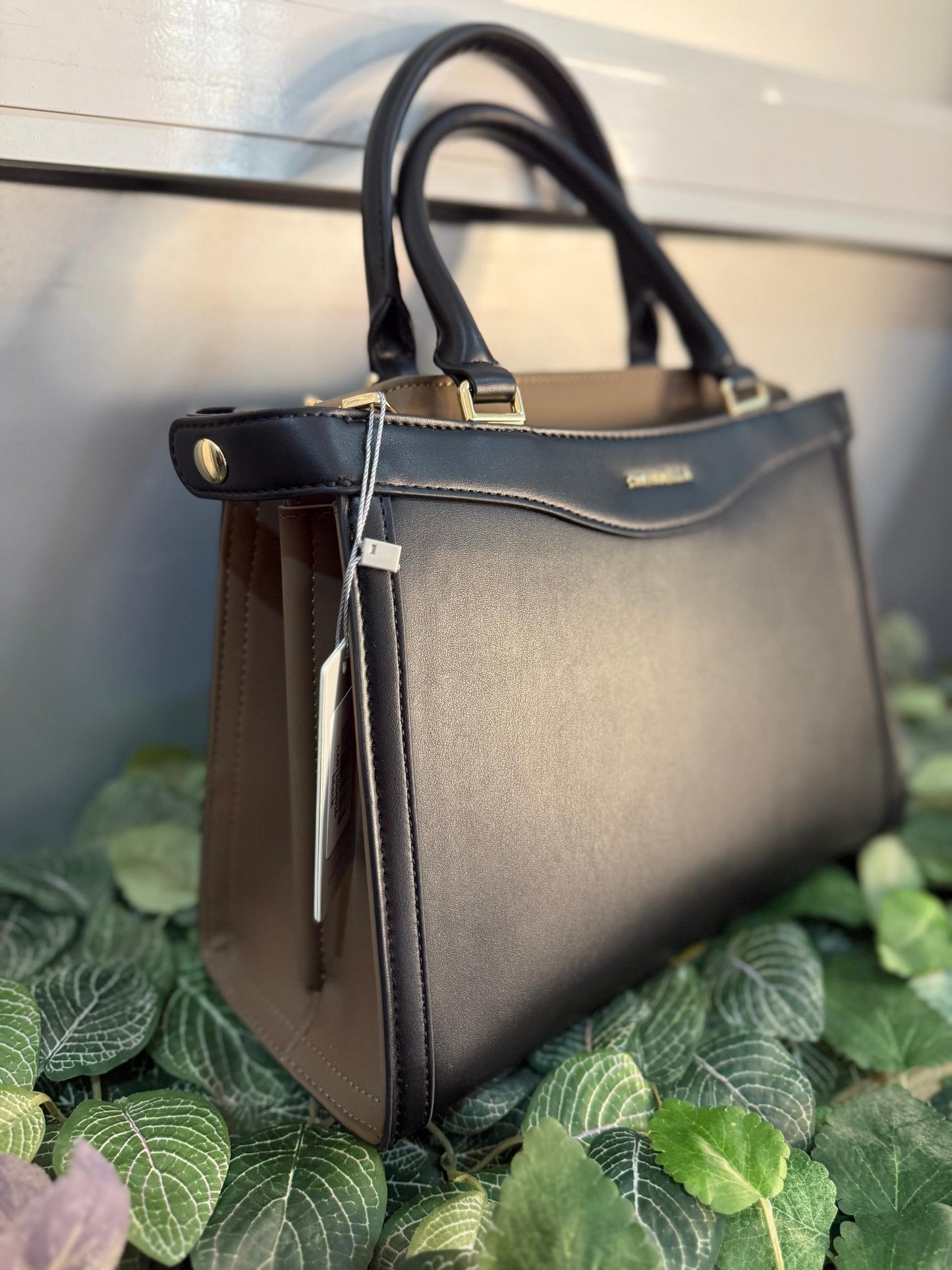 Chrisbella Black with cream design crossbody handbag