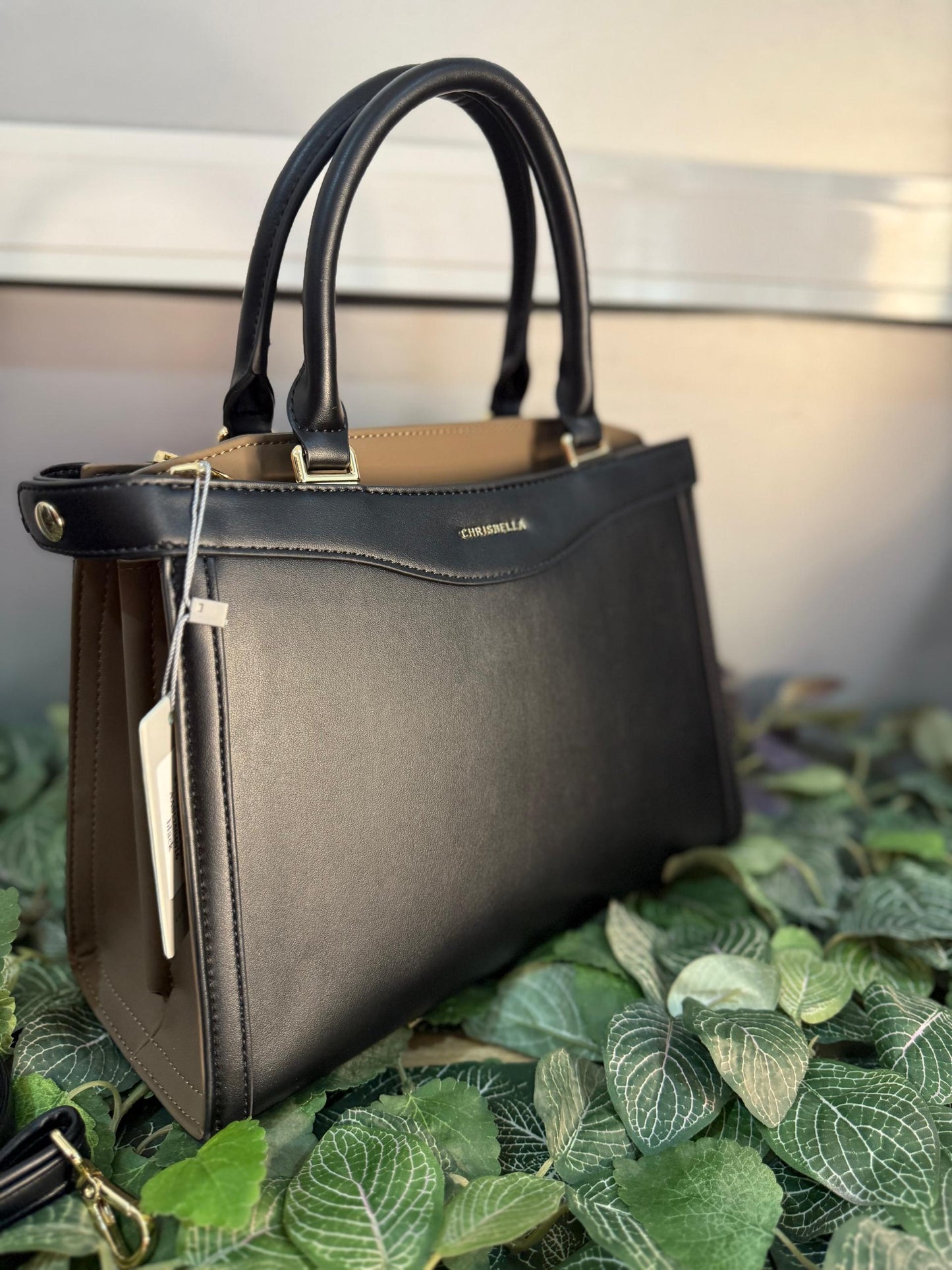 Chrisbella Black with cream design crossbody handbag