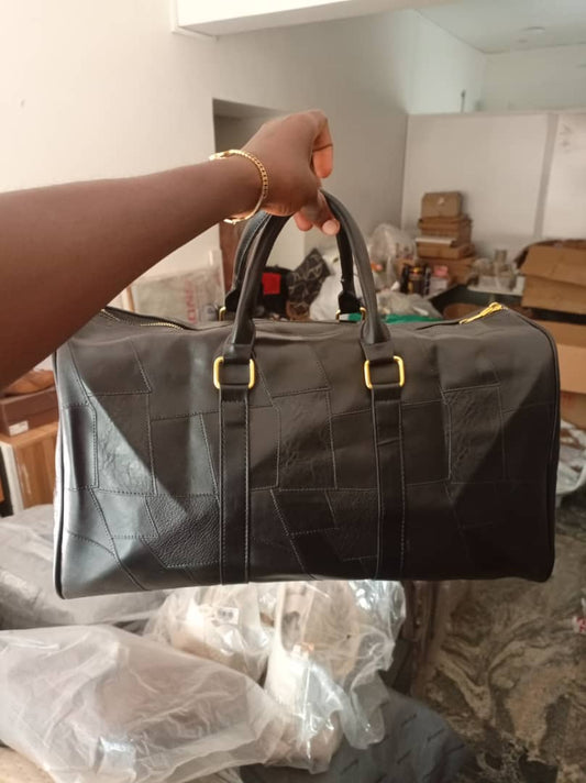 F&S Black Leather Duffle Bag with gold buckle design