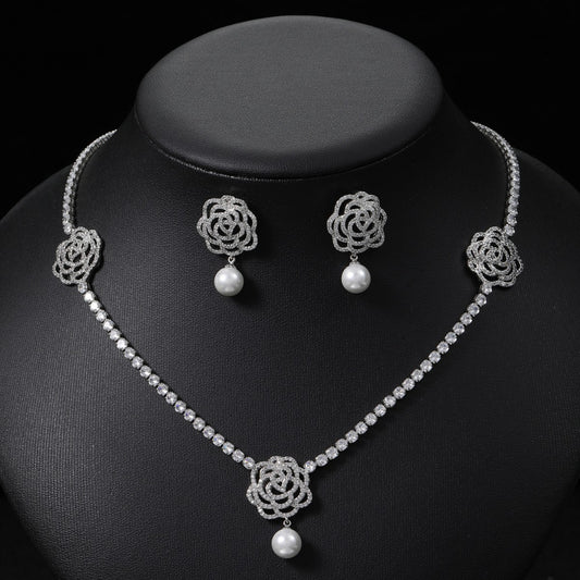 White Zirconia Camelia Faux Pearl Bridal Jewelry Set [SJP Design]