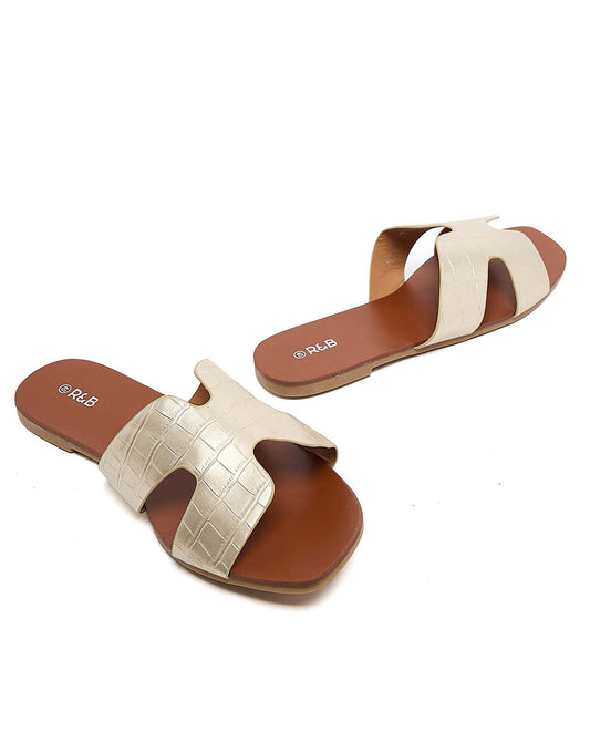 R&B Croc Textured Flat Sandals - Gold