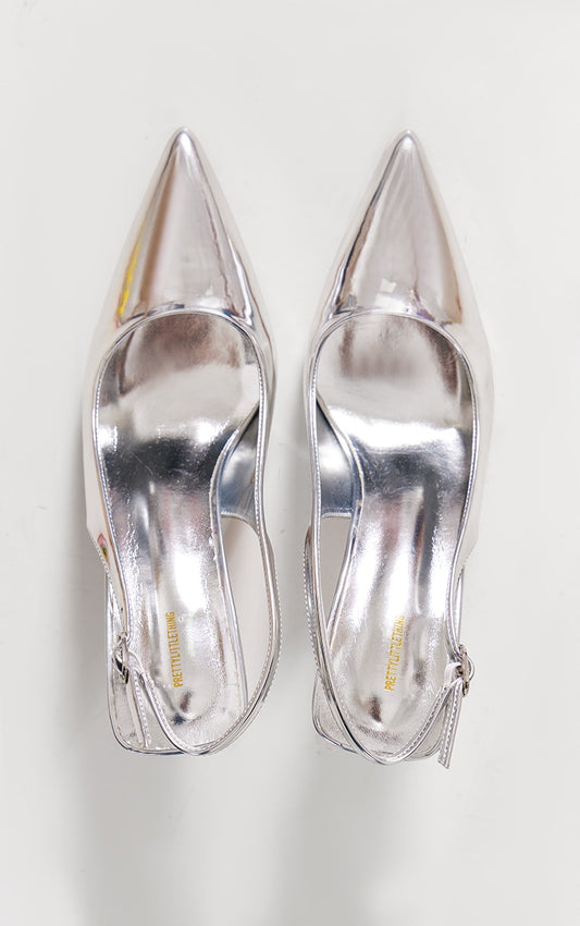 Prettylittlething Silver PU Point Toe Sling Back Mid Heeled Courts