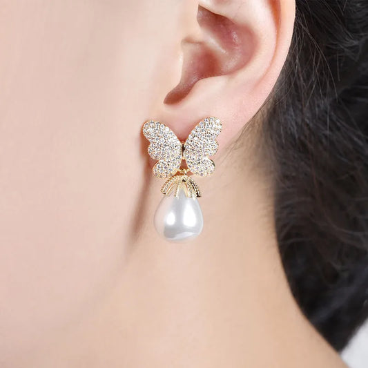 Cute Butterfly Design Rhinestone Pearl Drop Earring SJP