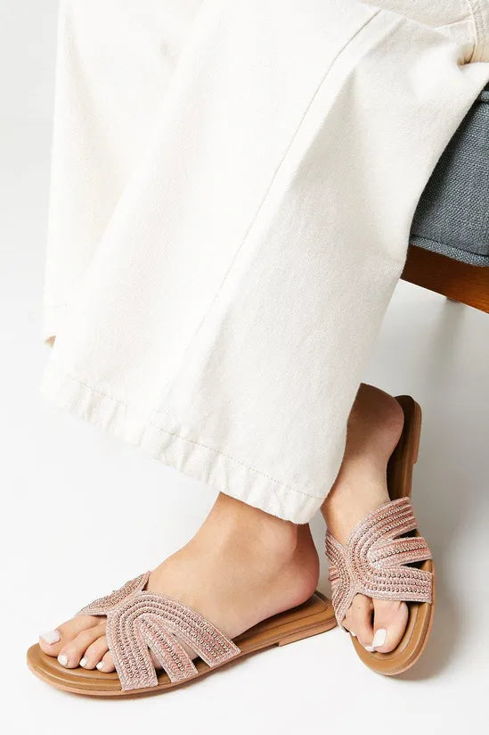 Oasis Indigo Leather Sequin Embellished Flat Mule Sandals ROSE GOLD Your Daily Store Online