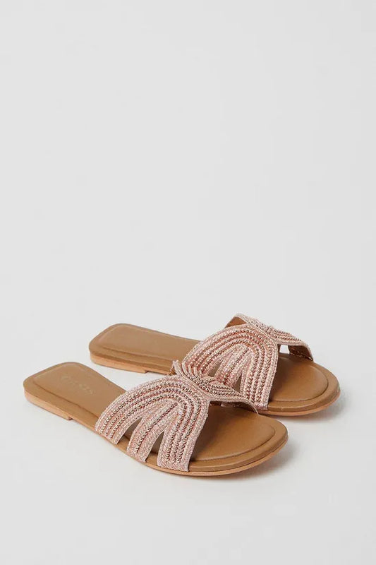 Oasis Indigo Leather Sequin Embellished Flat Mule Sandals ROSE GOLD