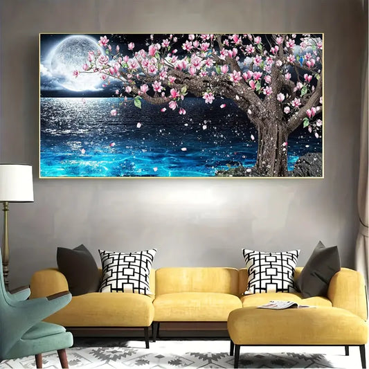 Lake Surface And Moon Artificial Diamond Painting Kits For Adults, DIY Large 5D Artificial Diamond Painting Landscape