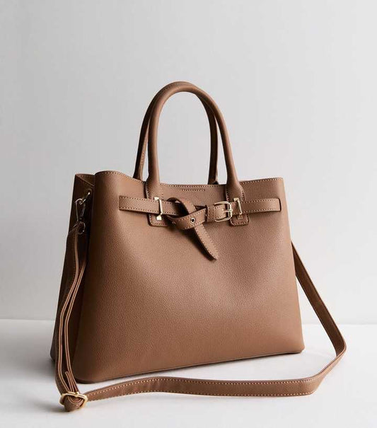 NEWLOOK  Brown Leather-Look Buckle Tote Bag - LARGE