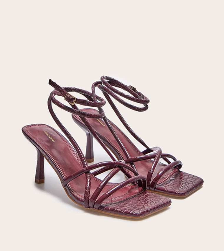 PrettyLittleThing Croc PU Square Toe Strappy Mid Stiletto Heeled Sandals