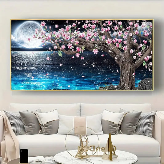 Lake Surface And Moon Artificial Diamond Painting Kits For Adults, DIY Large 5D Artificial Diamond Painting Landscape