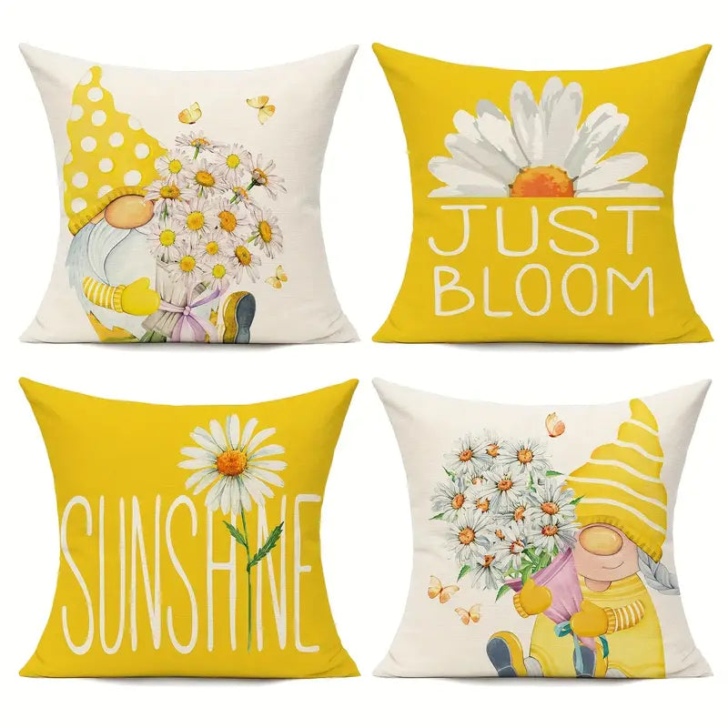 4pcs Daisy Flower Gnome Pattern Spring Throw Pillow Covers
