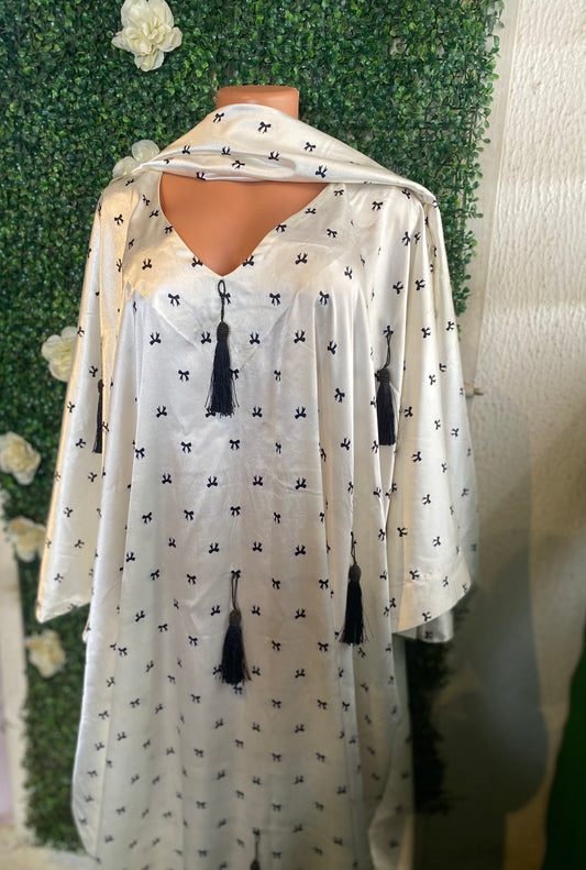 K&Y black & white bow tie ready to wear bubu gown with scarf free size