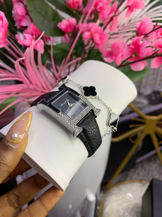 RFA Female H Face Leather Combo Wristwatch - Black