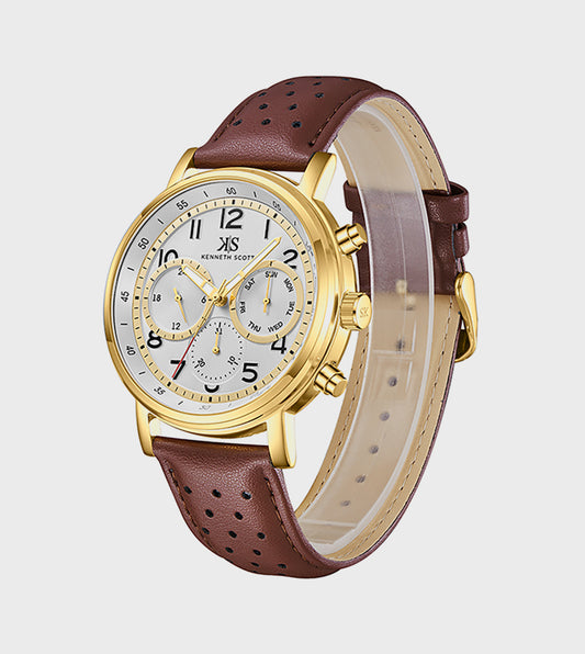 Kenneth Scott White Dial Leather Strap Analog Watch