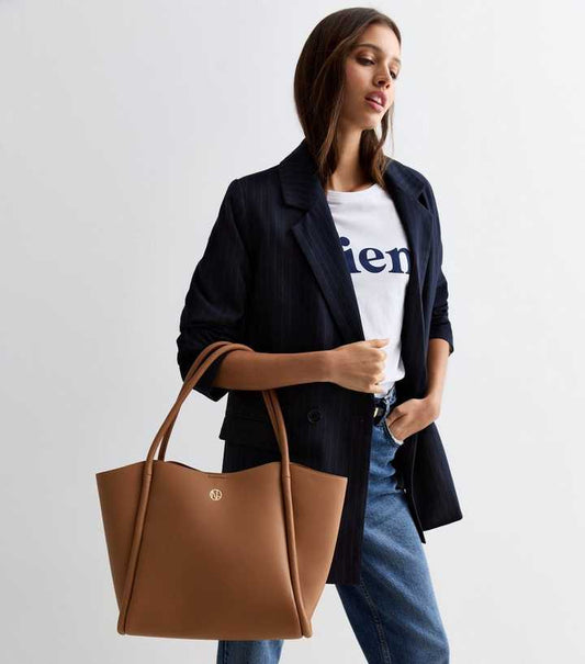 NEWLOOK  Tan Leather-Look Rolled Seam Tote Bag
