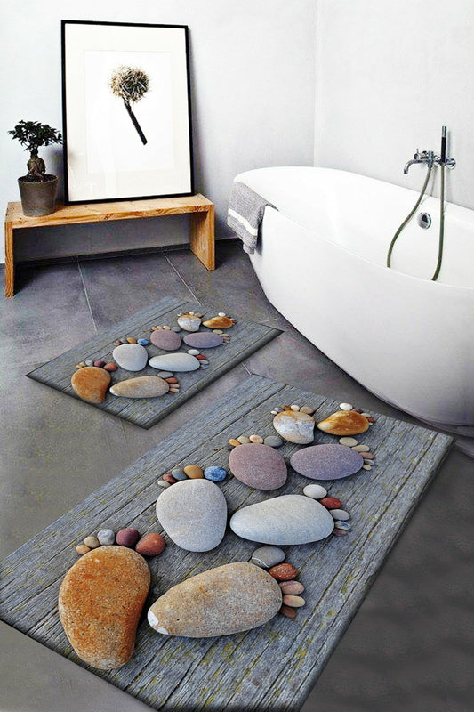 Else Carpet Else Gray Foot Stones Patterned Washable Non-Slip Base 2-Piece Bathroom Carpet Doormat Toilet Set